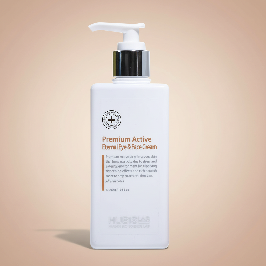 A pump bottle of Premium Active Eternal Eye & Face Cream by Hubislab, with a white label and orange accents with back ground