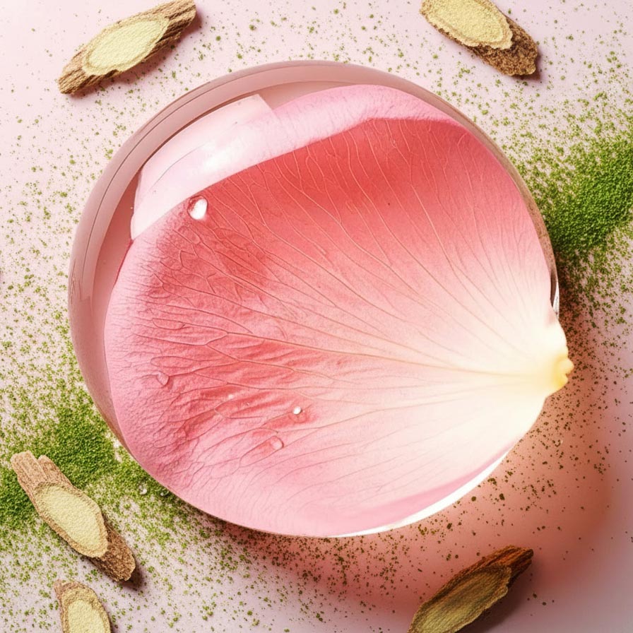 Pink cosmetic compact with rose petals on a light background