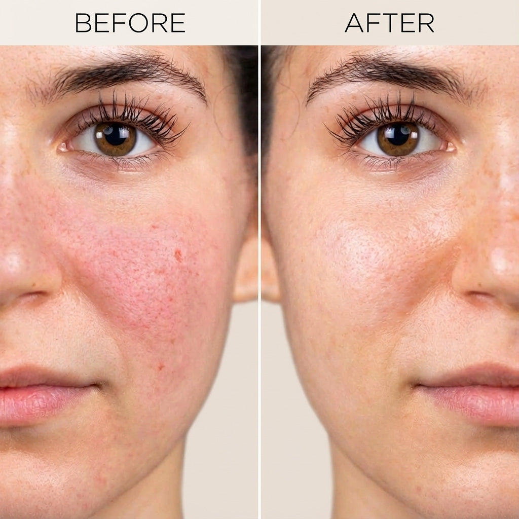 Before and after comparison of a woman's face with visible skin improvement.