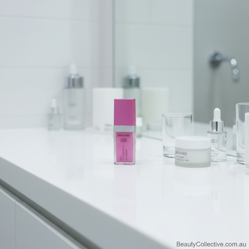 Cosmetic products on a bathroom counter with a blurred background