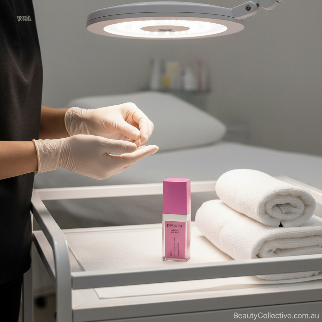 Person wearing gloves holding a pink bottle with a white background