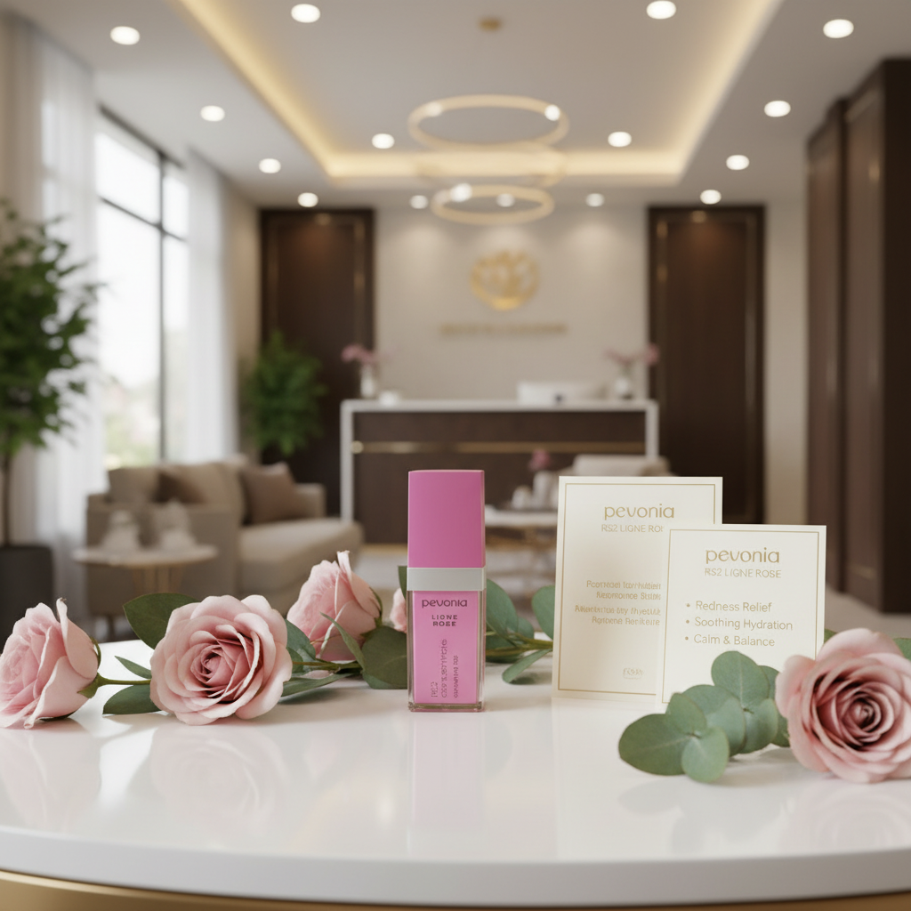 Cosmetic products and flowers on a table with a blurred background of a spa or clinic interior.