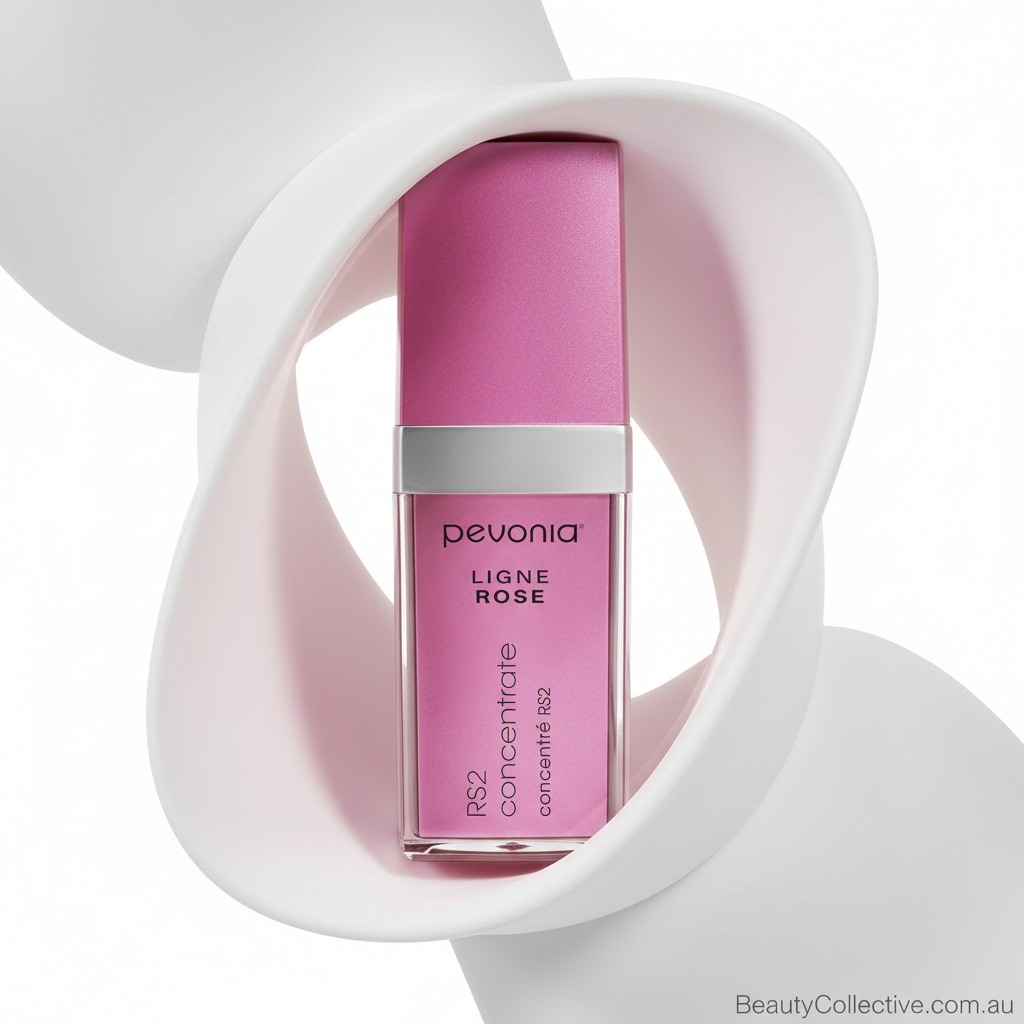 Pink bottle of Pevonia skincare product on a white background