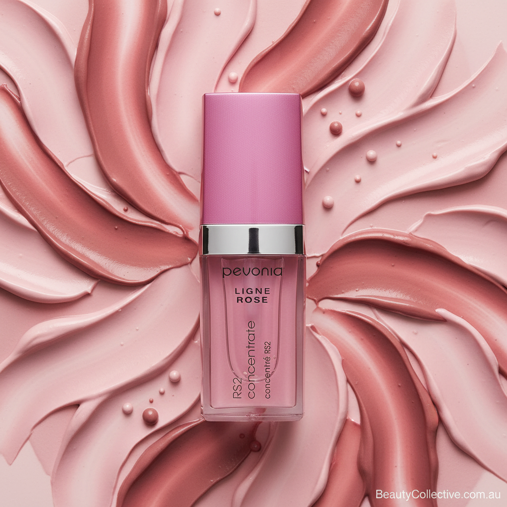Pink cosmetic bottle with silver cap on a pink swirled background
