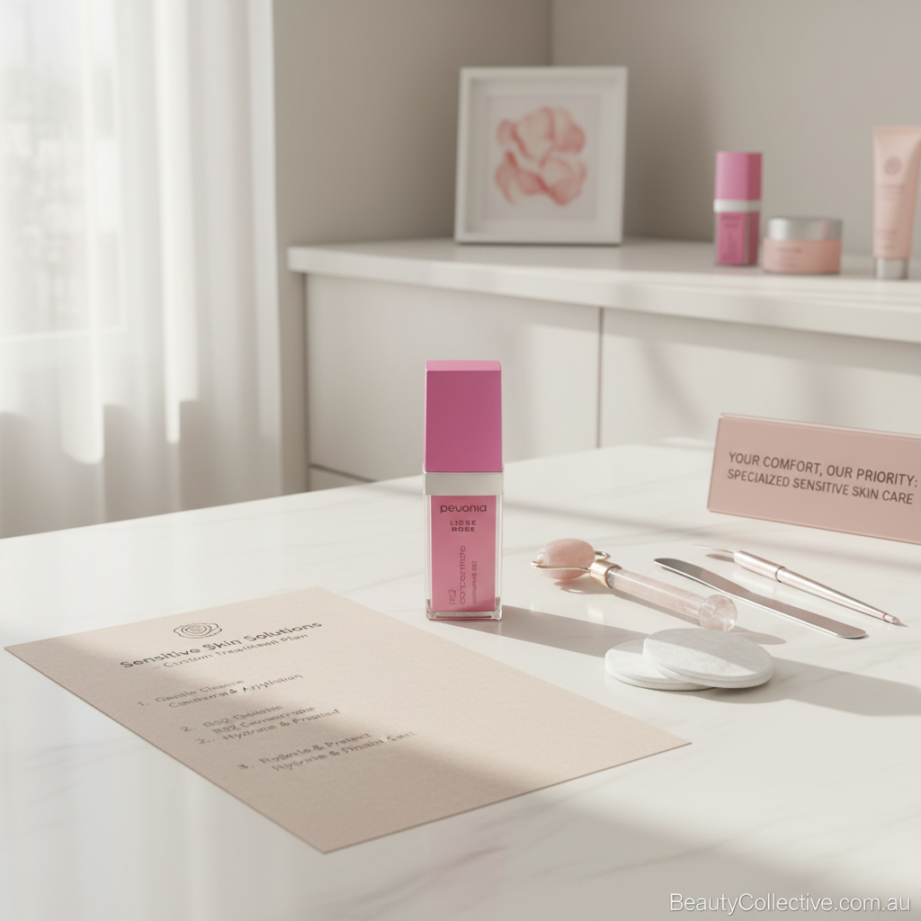 Pink skincare bottle on a white surface with a menu and other products in the background