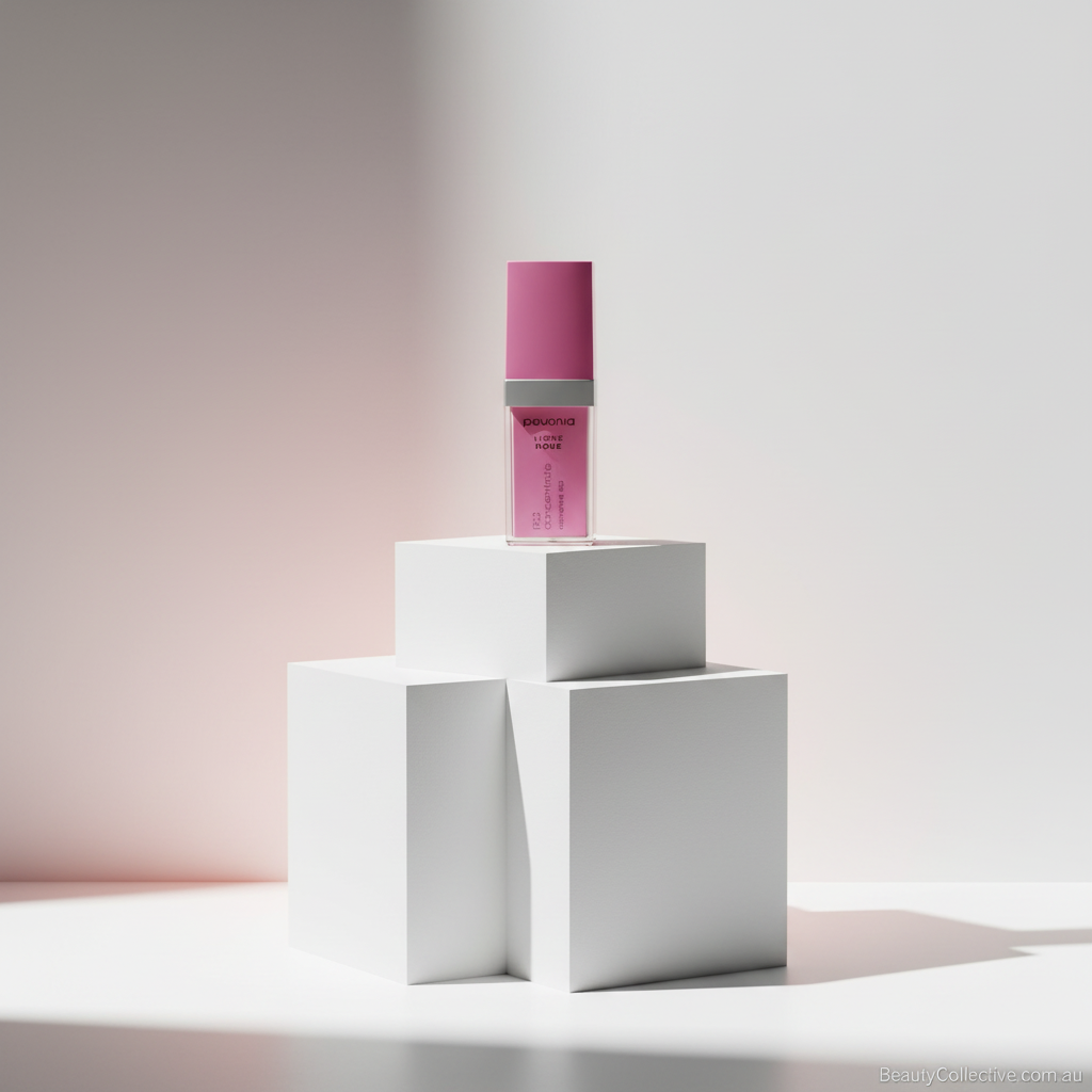 Pink lip gloss on a white cube with a soft pink background