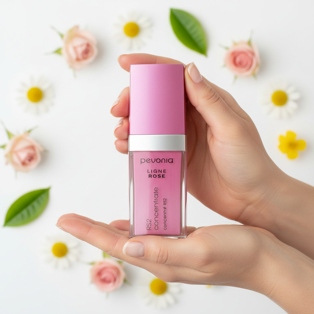 Hand holding a pink Pevonia bottle against a floral background