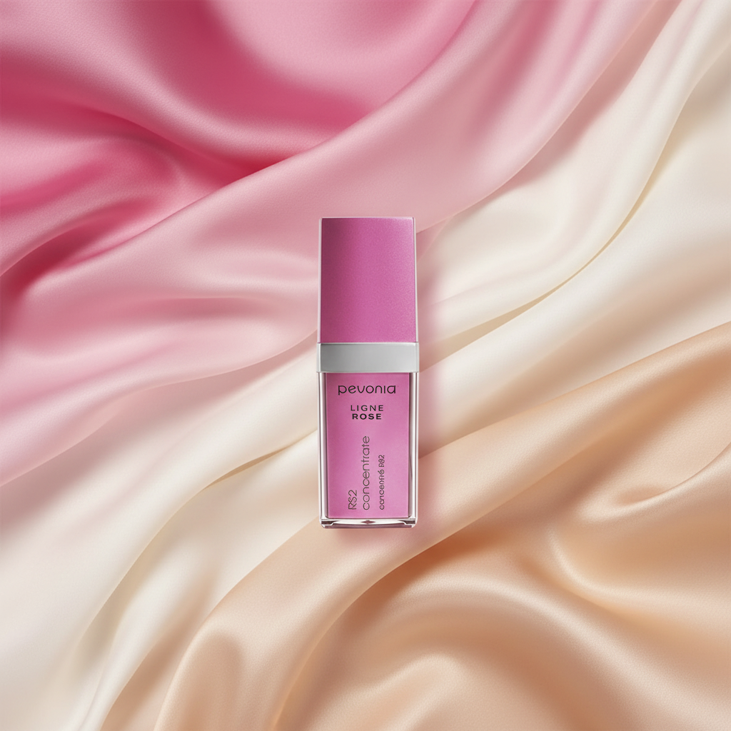 Pink skincare bottle on a soft pink and beige fabric background