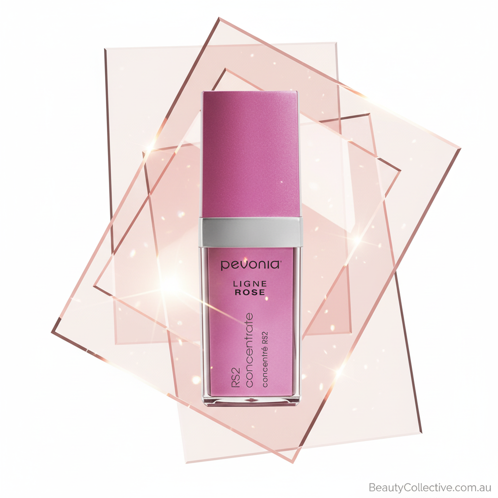 Pevonia skincare serum bottle on a decorative pink background
