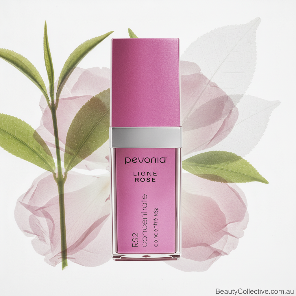 Pevonia skincare product with pink packaging on a floral background