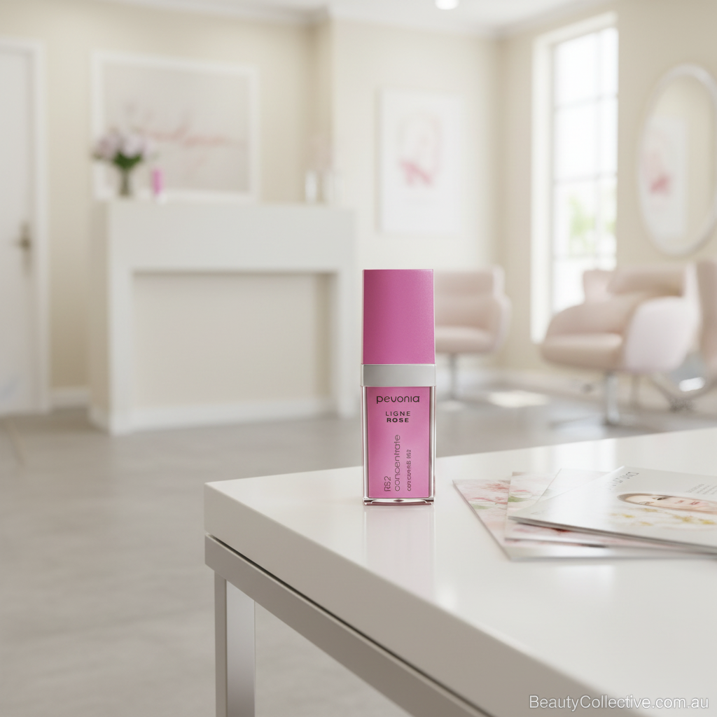 Pink bottle on a white surface with a blurred background