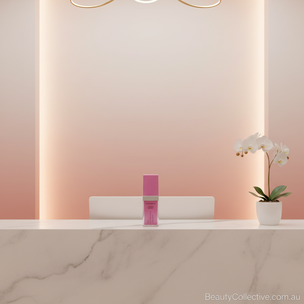 Pink lip balm on a white surface with a blurred background