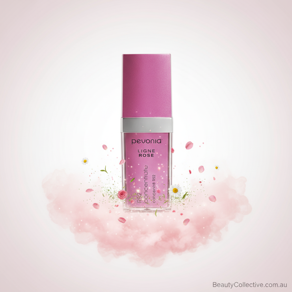 Pevonia Ligne Rose skincare product on a light pink background with floral elements.
