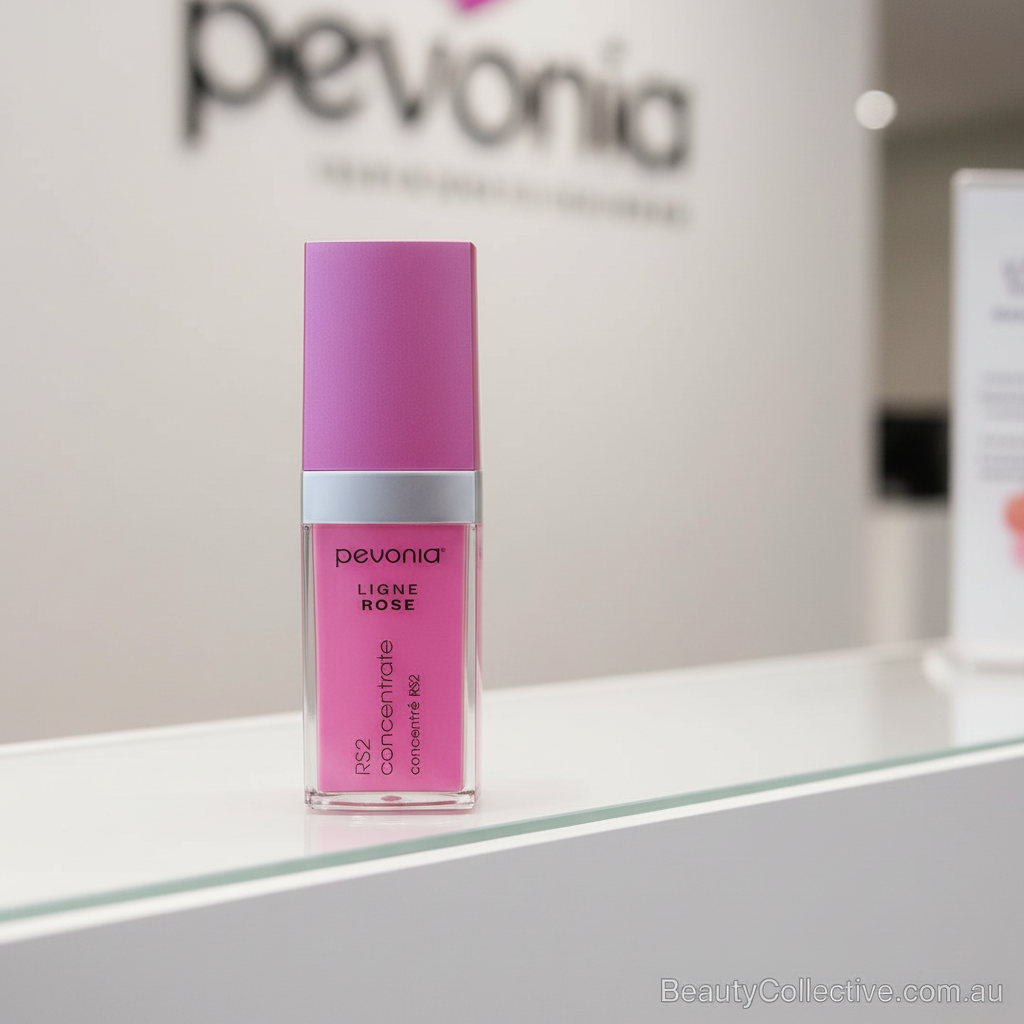 Pink skincare bottle with silver cap on a white surface, Pevonia logo in the background