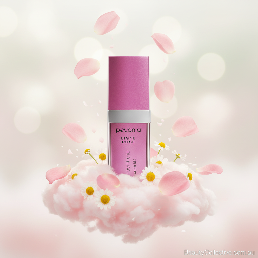Pevonia skincare product with pink packaging on a soft, blurred background with flowers and petals.