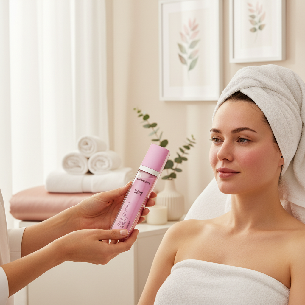 Woman receiving a pink bottle of skincare product in a spa setting