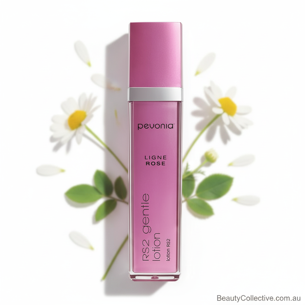 Pink lotion bottle with 'pevonia' branding on a white background with flowers.