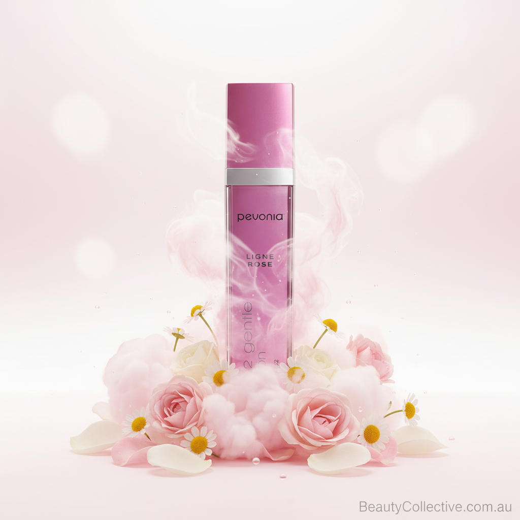 Pink skincare bottle with flowers on a light pink background