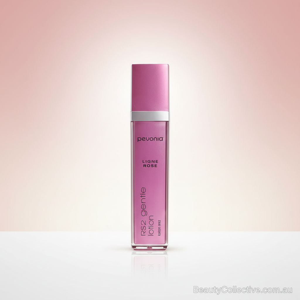 Pink skincare bottle with 'pevonia' branding on a gradient background