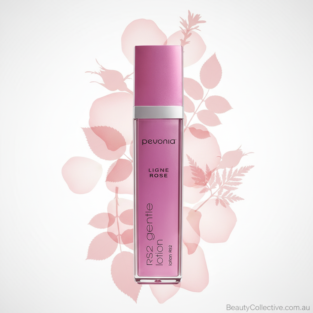 Pink skincare bottle with 'pevonia' branding on a light background with floral elements.