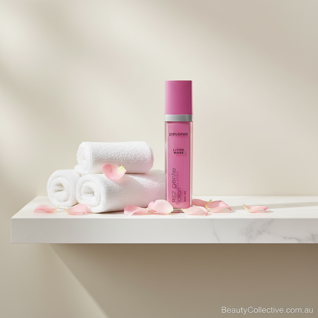 Pink bottle of Pevonia lotion on white towels with rose petals on a marble surface