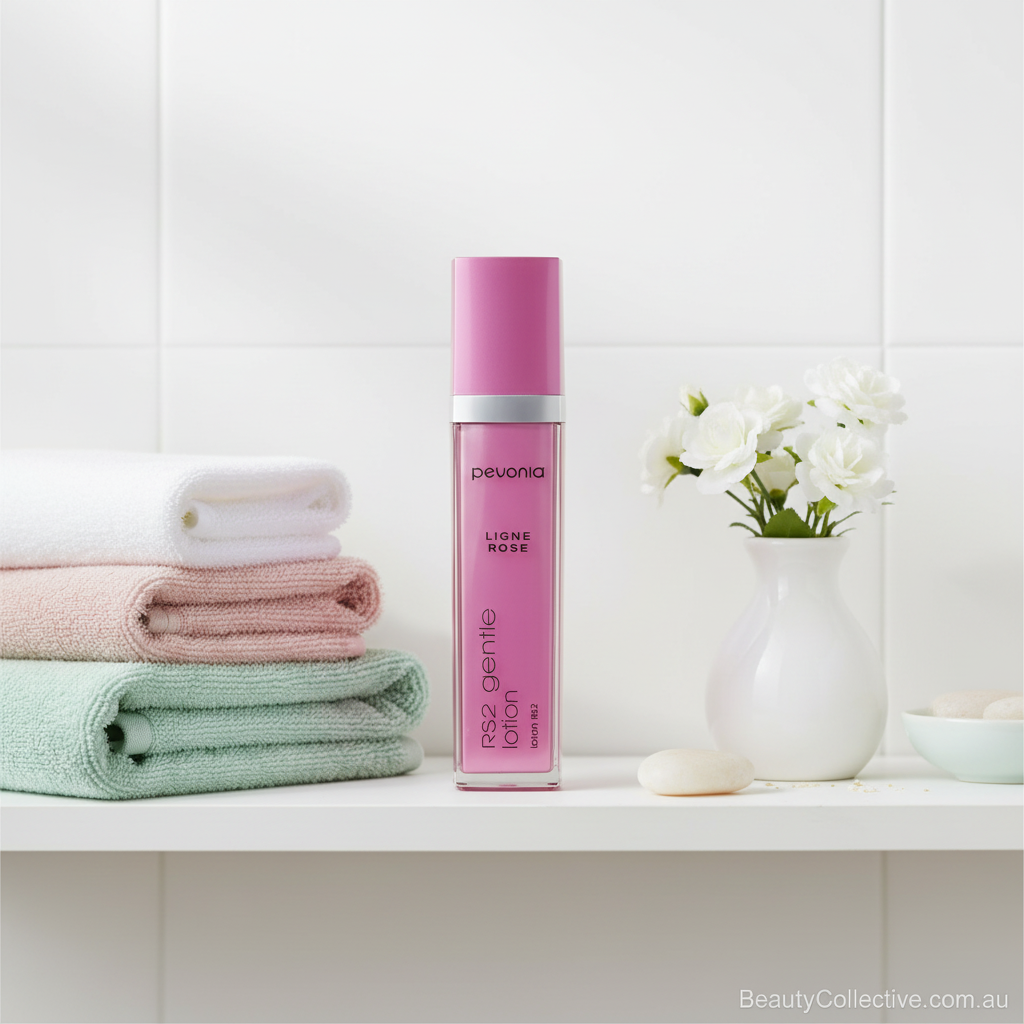 Pink bottle with white text on a white surface with folded towels and a vase of flowers.