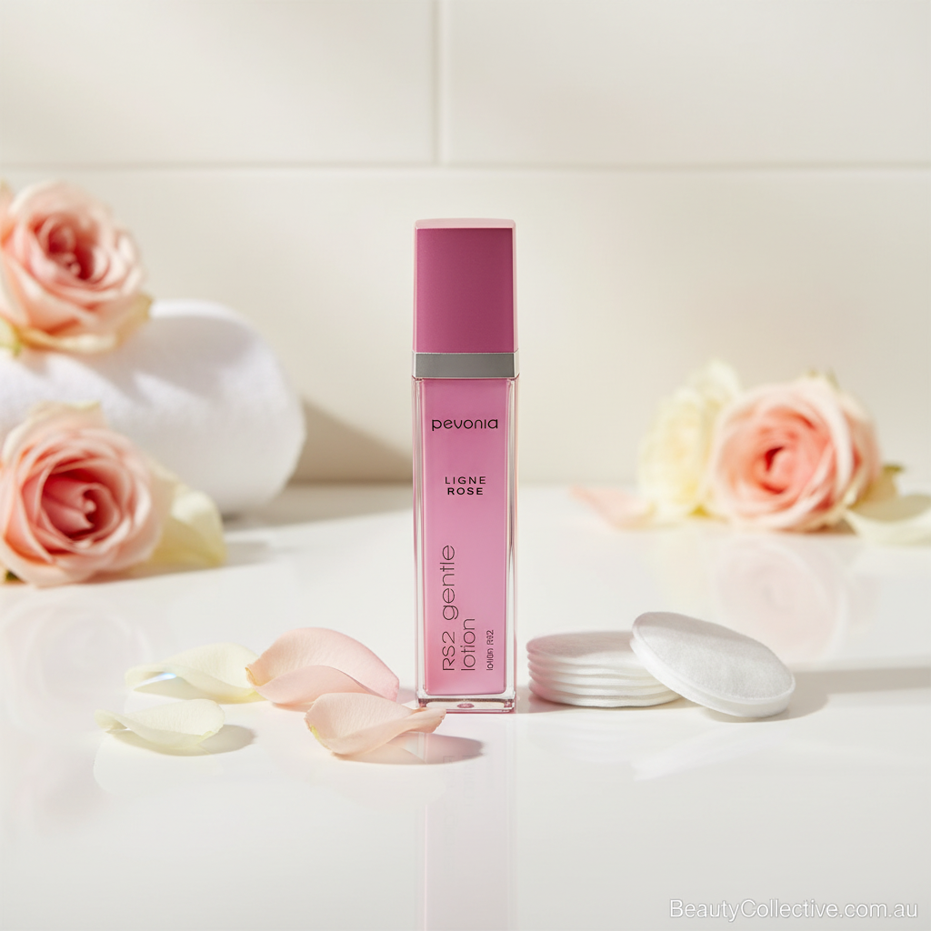 Pink skincare product with rose petals and roses on a light background
