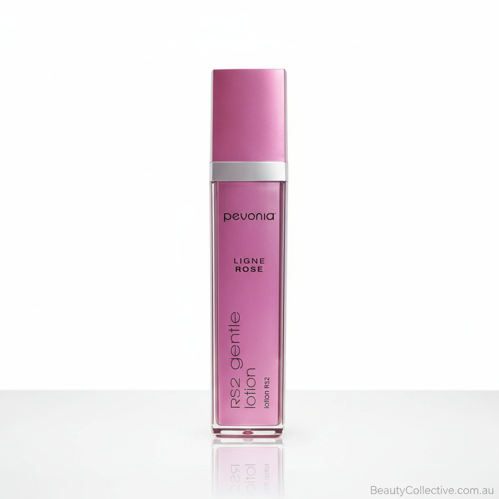 Pink skincare bottle with 'pevonia' branding on a white background
