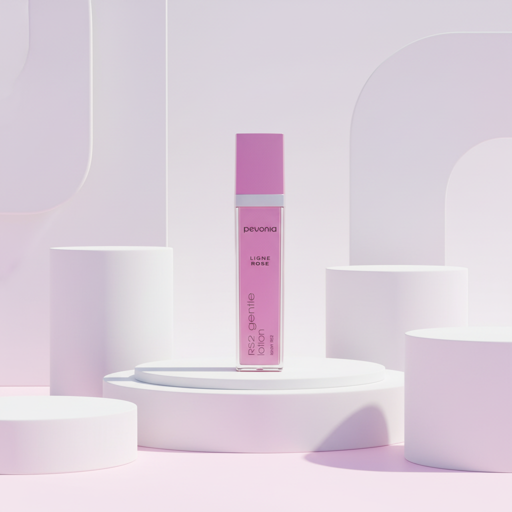 Pink skincare bottle with 'peauh' branding on a white pedestal against a light purple background
