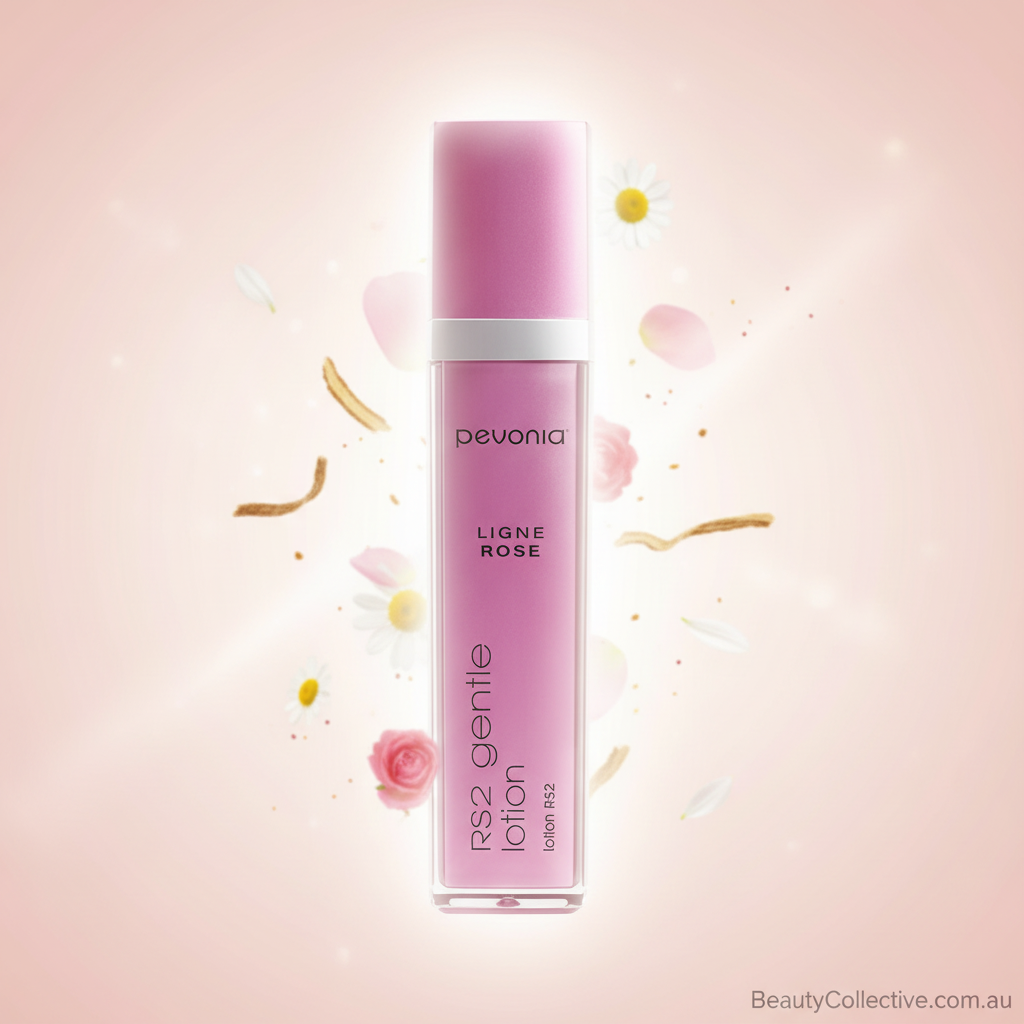 Pink bottle of Pevonia lotion on a soft pink background with flowers.