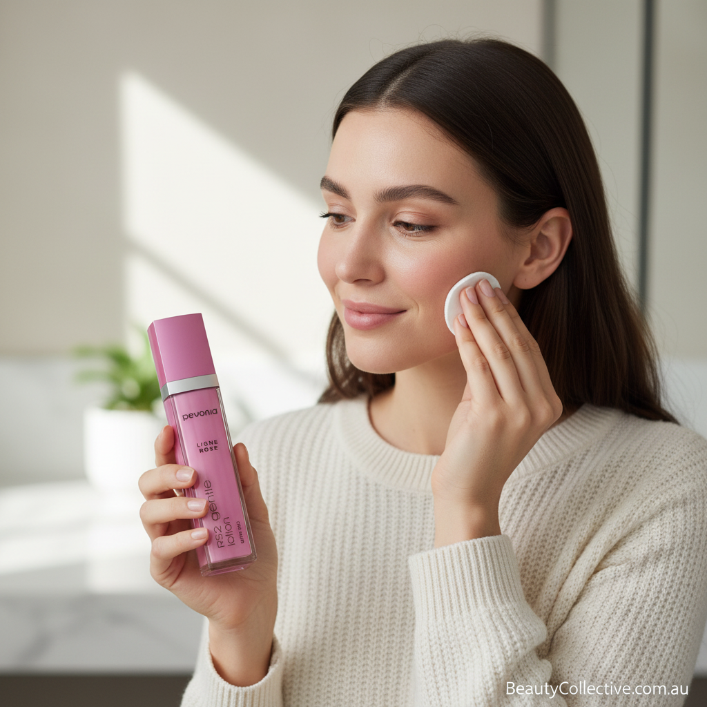 Woman applying skincare product to her face with a pink bottle in a bright room.