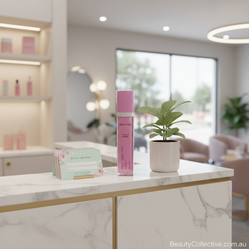 Pink skincare bottle and box on a marble counter with a blurred background