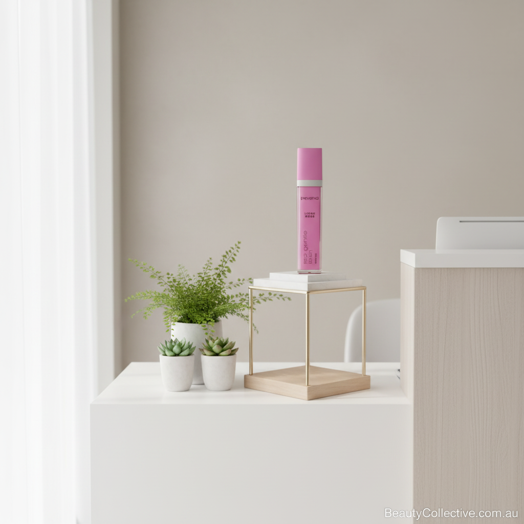 Pink bottle on a white surface with plants and a neutral wall background