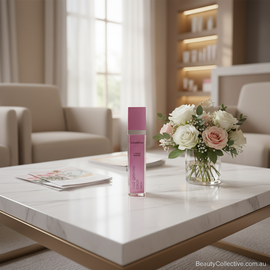 Pink bottle on a marble table with flowers in a modern living room setting