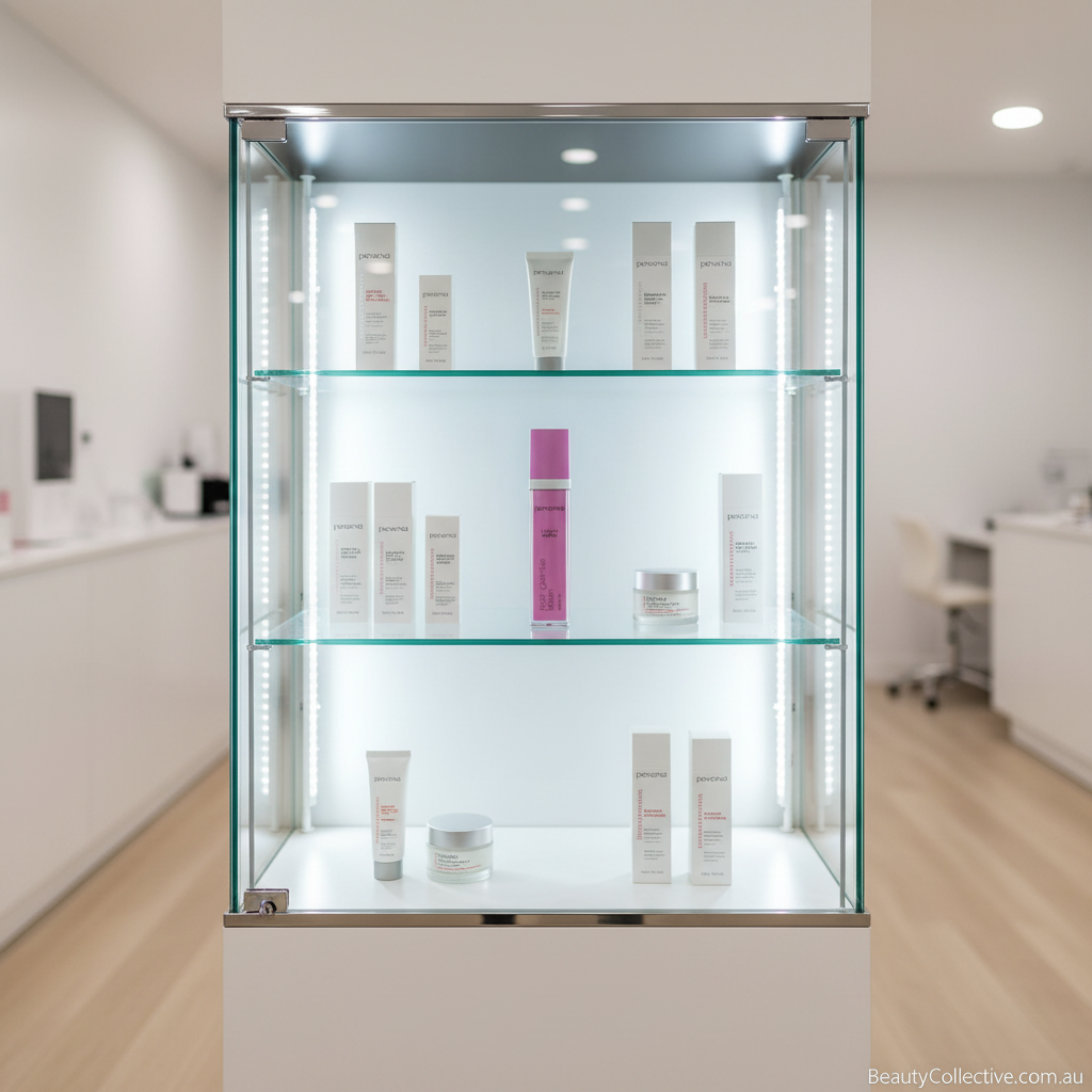 Glass display cabinet with skincare products in a clinical setting