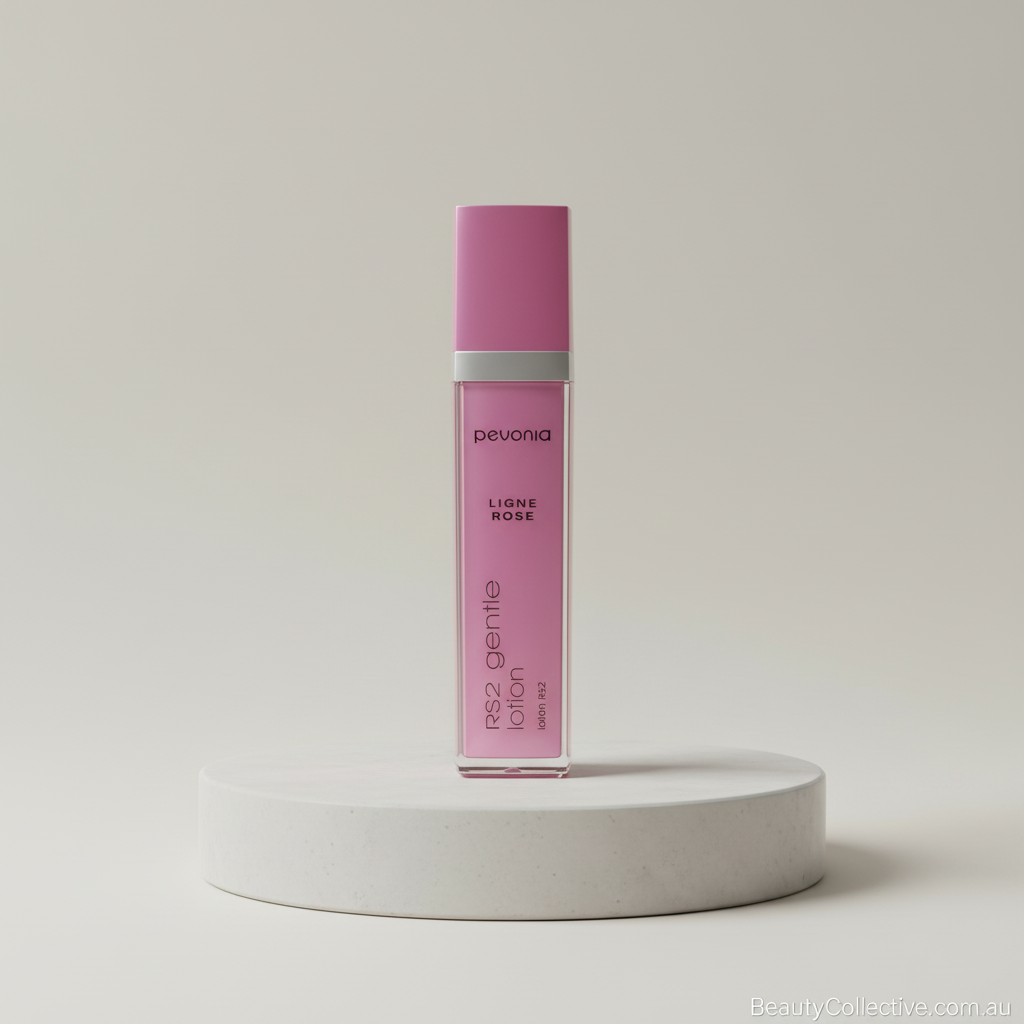 Pink bottle of Pevonia on a white pedestal with a light gray background