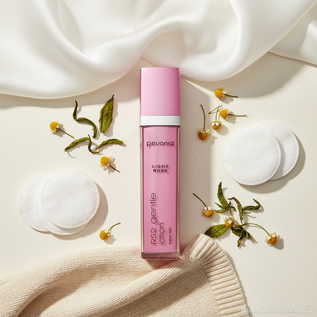 Pink skincare bottle with white applicators and flowers on a soft beige background