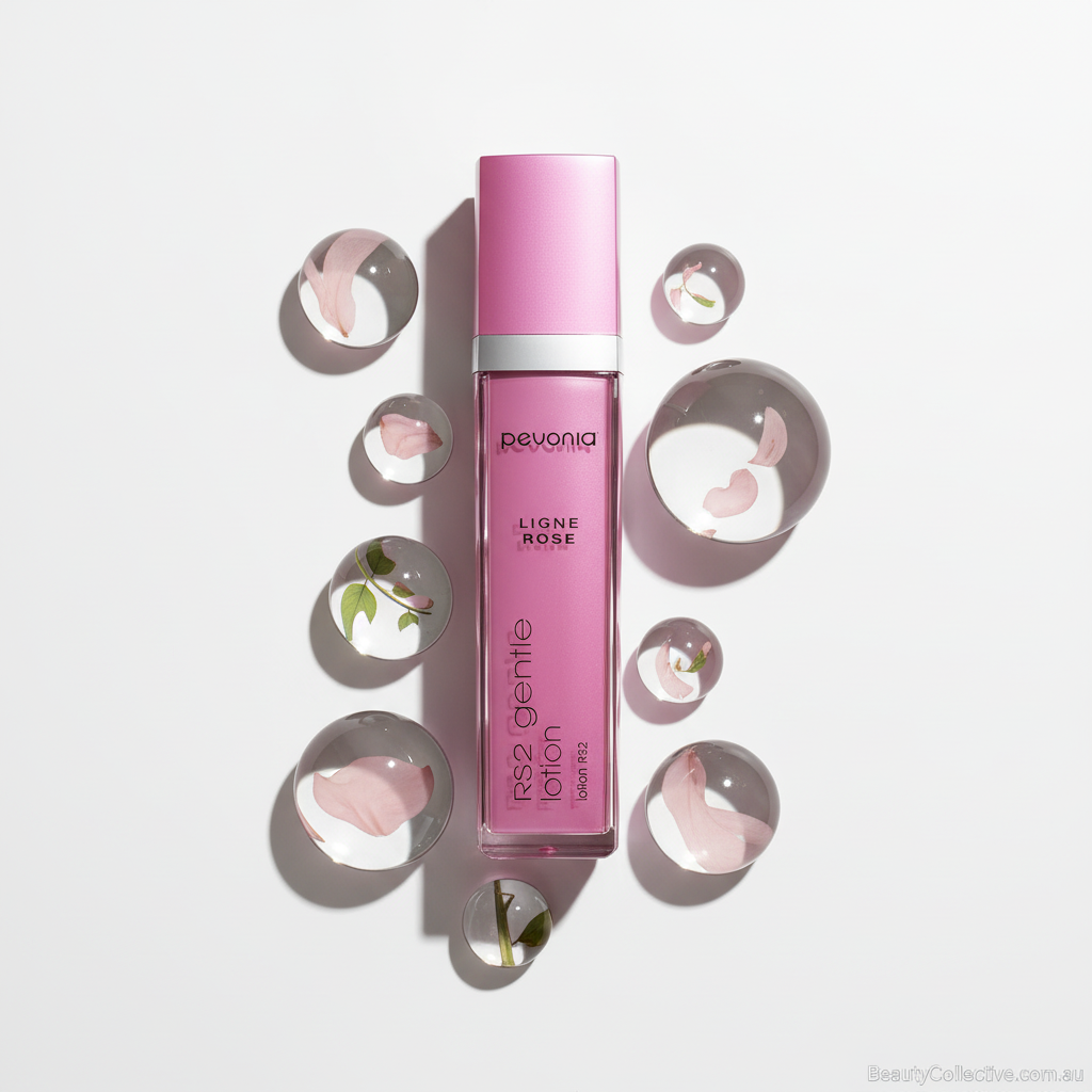 Pink lotion bottle with 'pevonia' branding on a light gray background