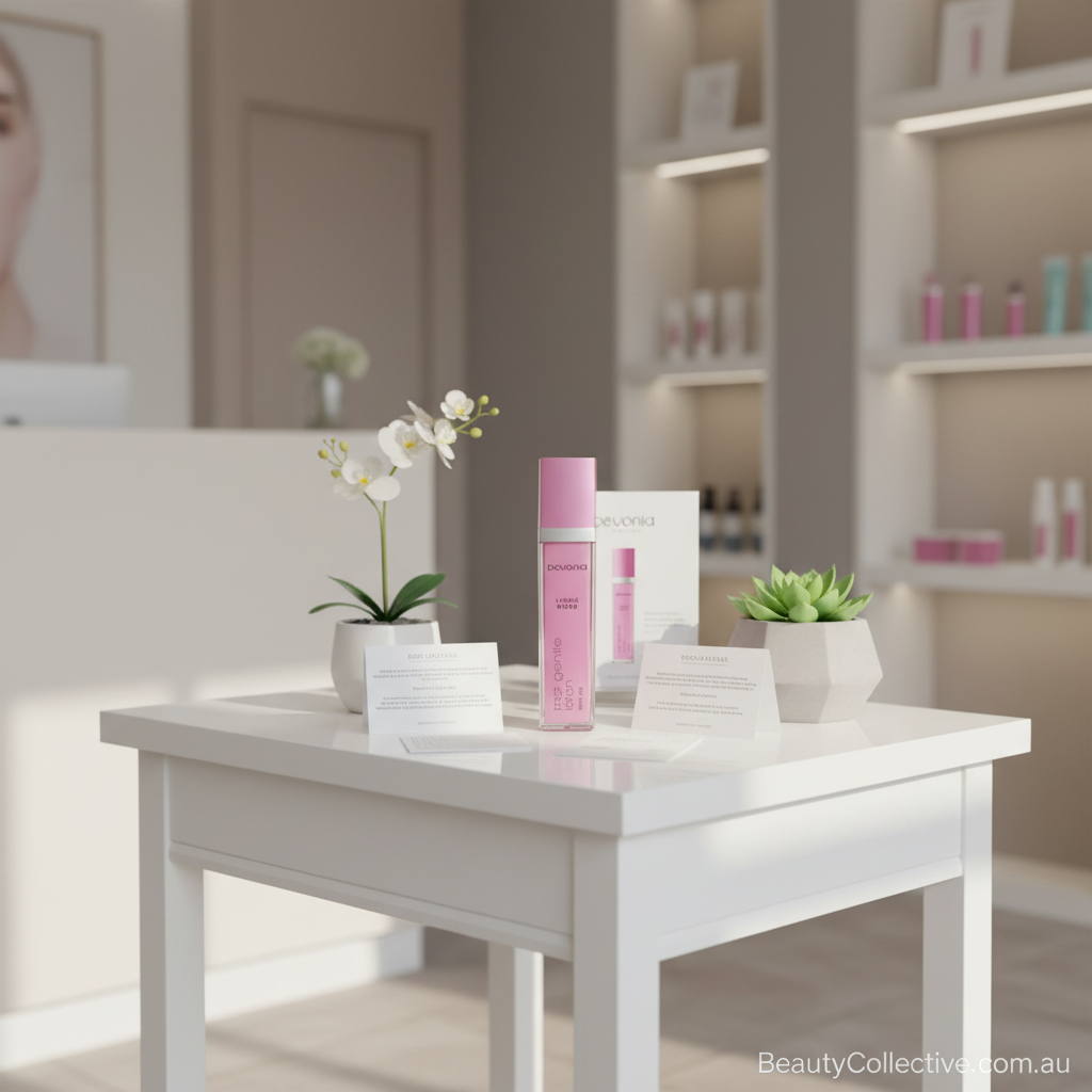 Cosmetic products on a table with a blurred background of shelves and decor