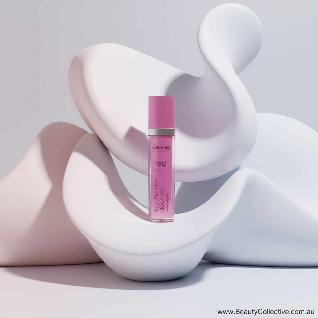 Pink lip balm on a white and pink abstract background