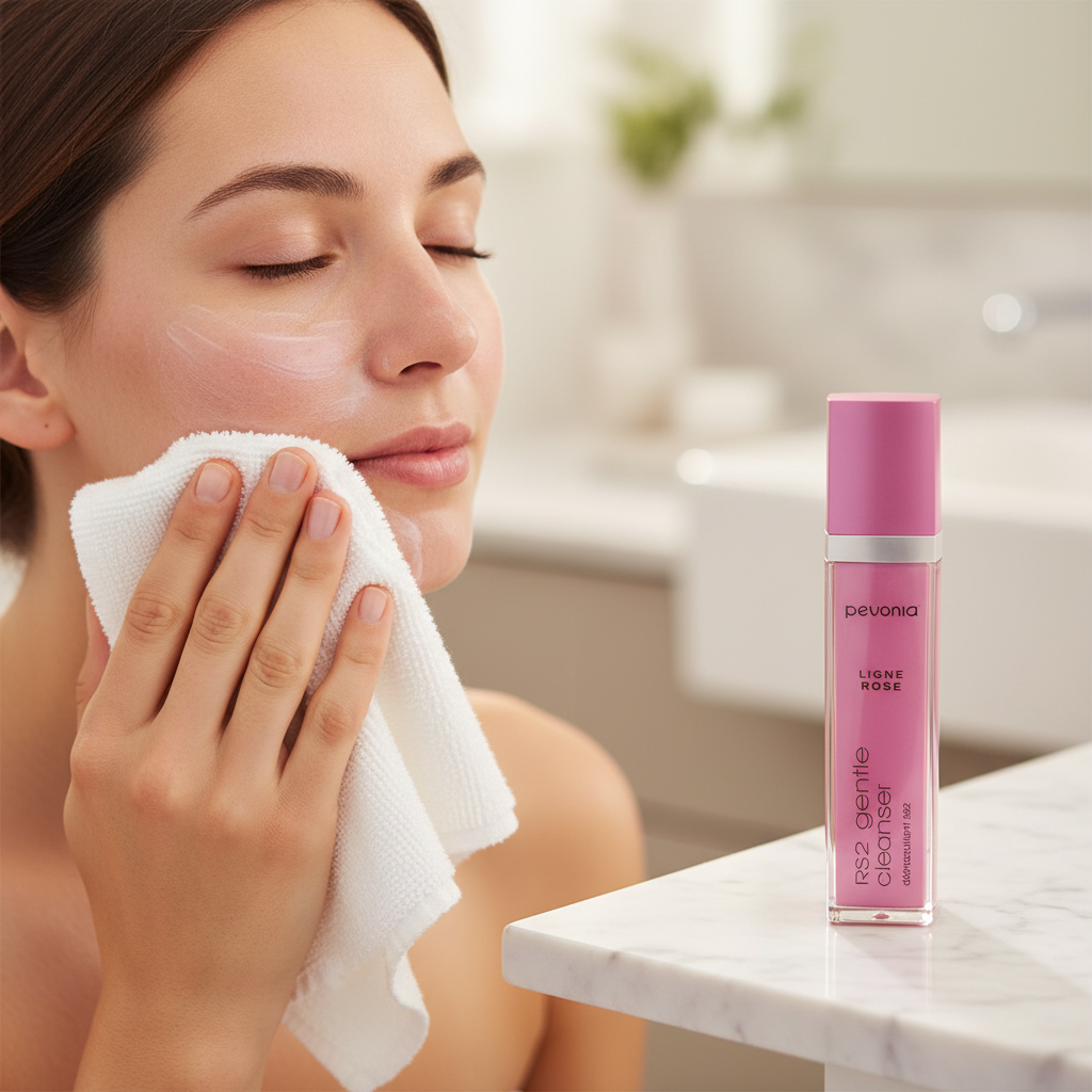 Woman cleansing her face with a towel next to a pink skincare product on a marble surface.