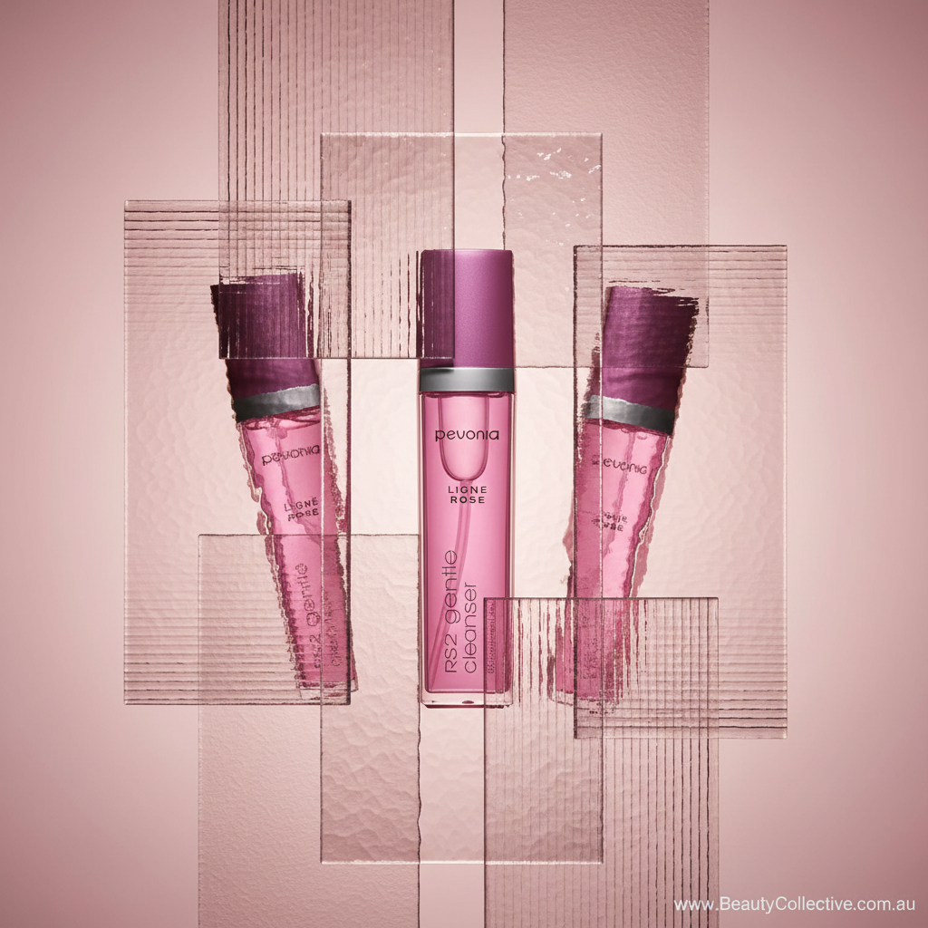Three pink skincare bottles with 'Pevonia' branding on a pink background.