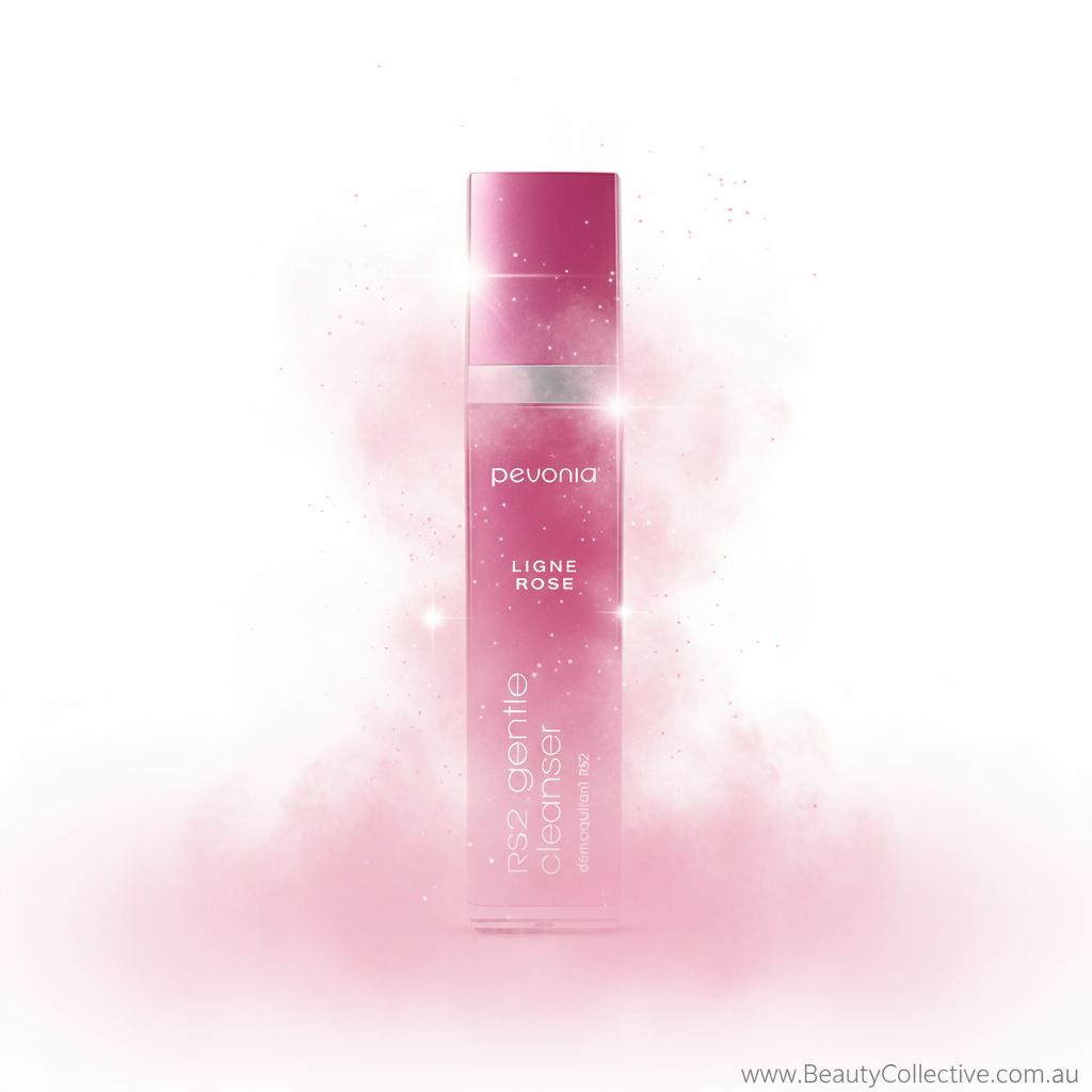 Pink bottle of Pevonia skincare product on a soft pink background
