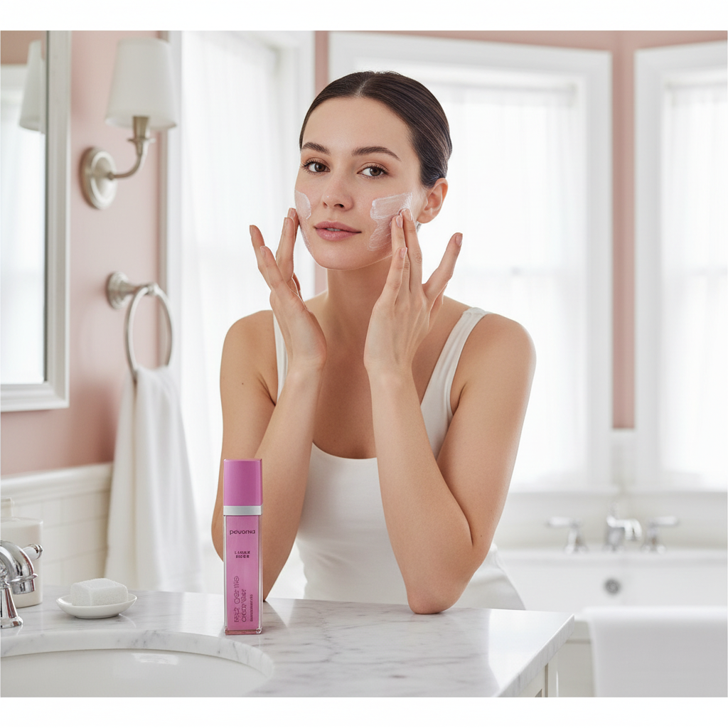 Woman applying cream to her face in a bathroom setting with a pink bottle on the counter.