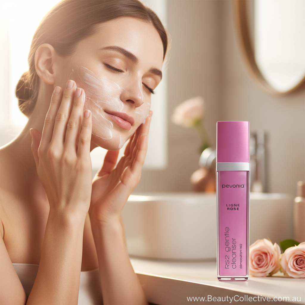 Woman applying facial cream with a pink skincare product in the foreground