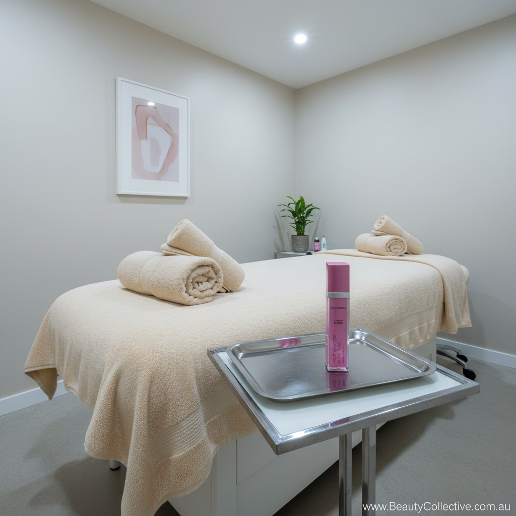 Treatment room with a massage bed, towels, and a tray with a pink box.
