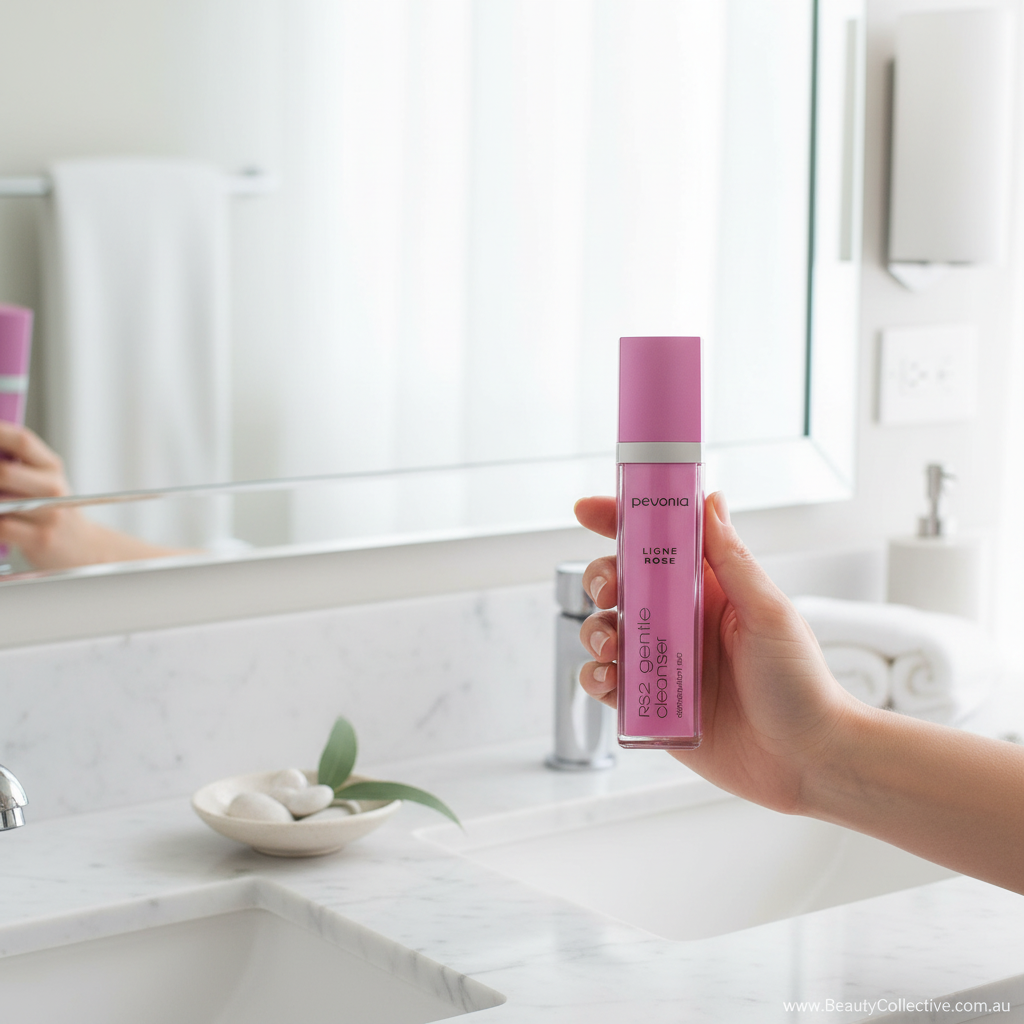 Person holding a pink bottle of DevaCurl product in a bathroom setting.