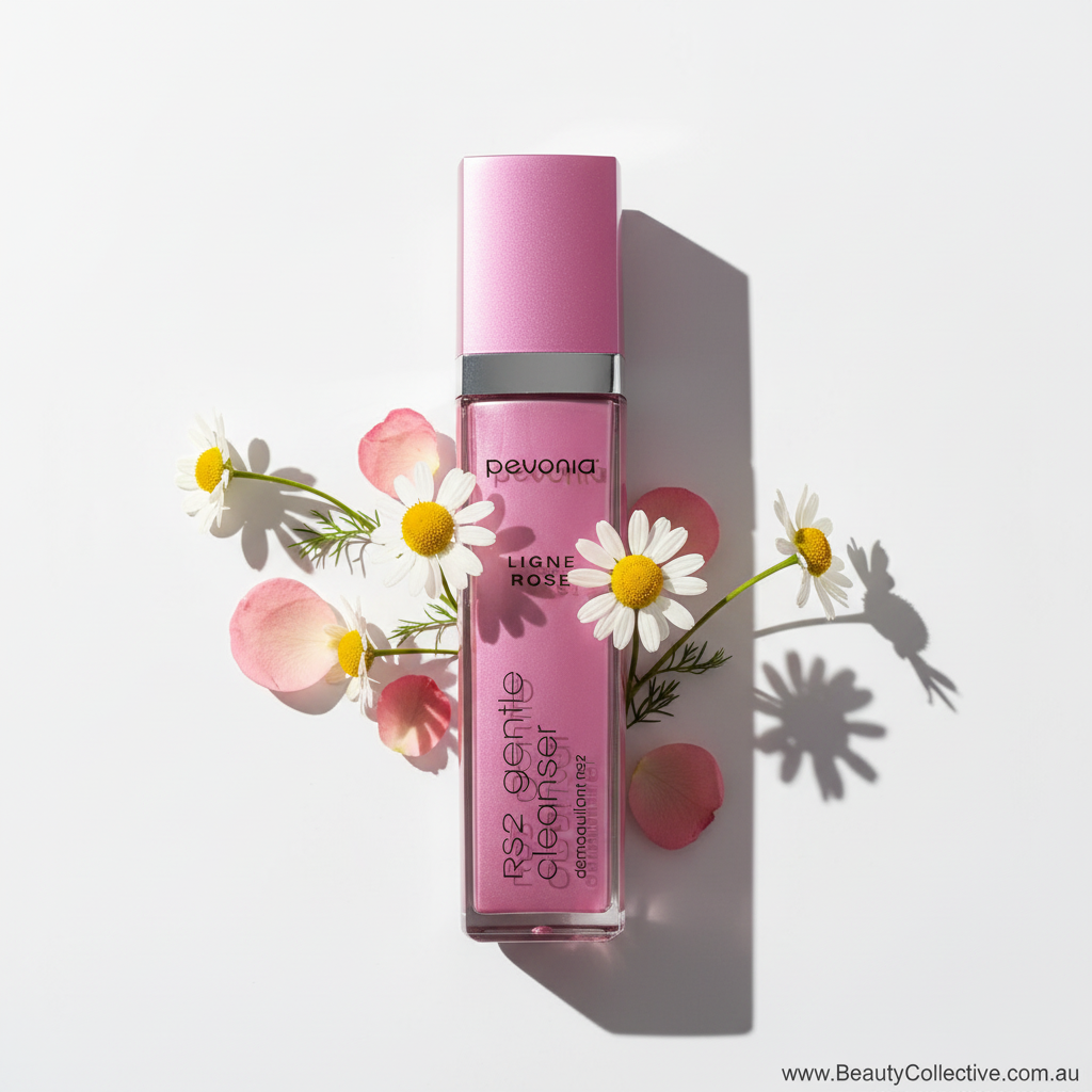 Pink bottle of Devonia skincare product with flowers on a light background