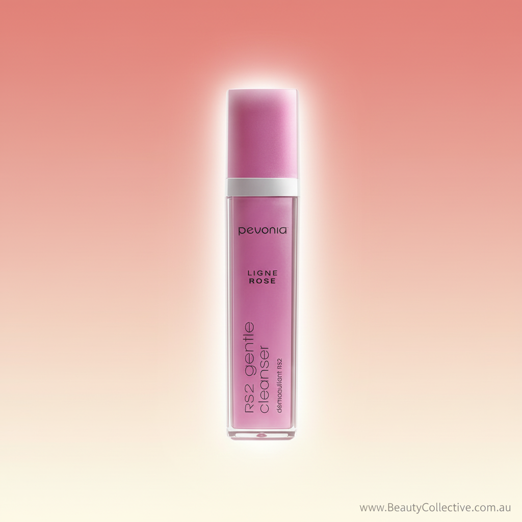 Pink bottle of Pevonia cleanser on a gradient pink background