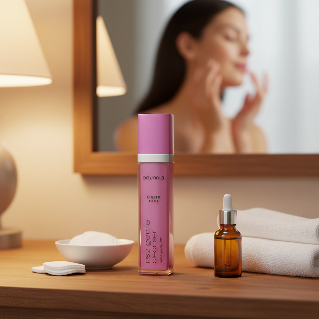 Pevonia bottle on a wooden surface with a blurred background of a person using skincare products.